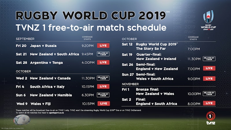 TVNZ 1 Rugby World Cup 2019™ Schedule